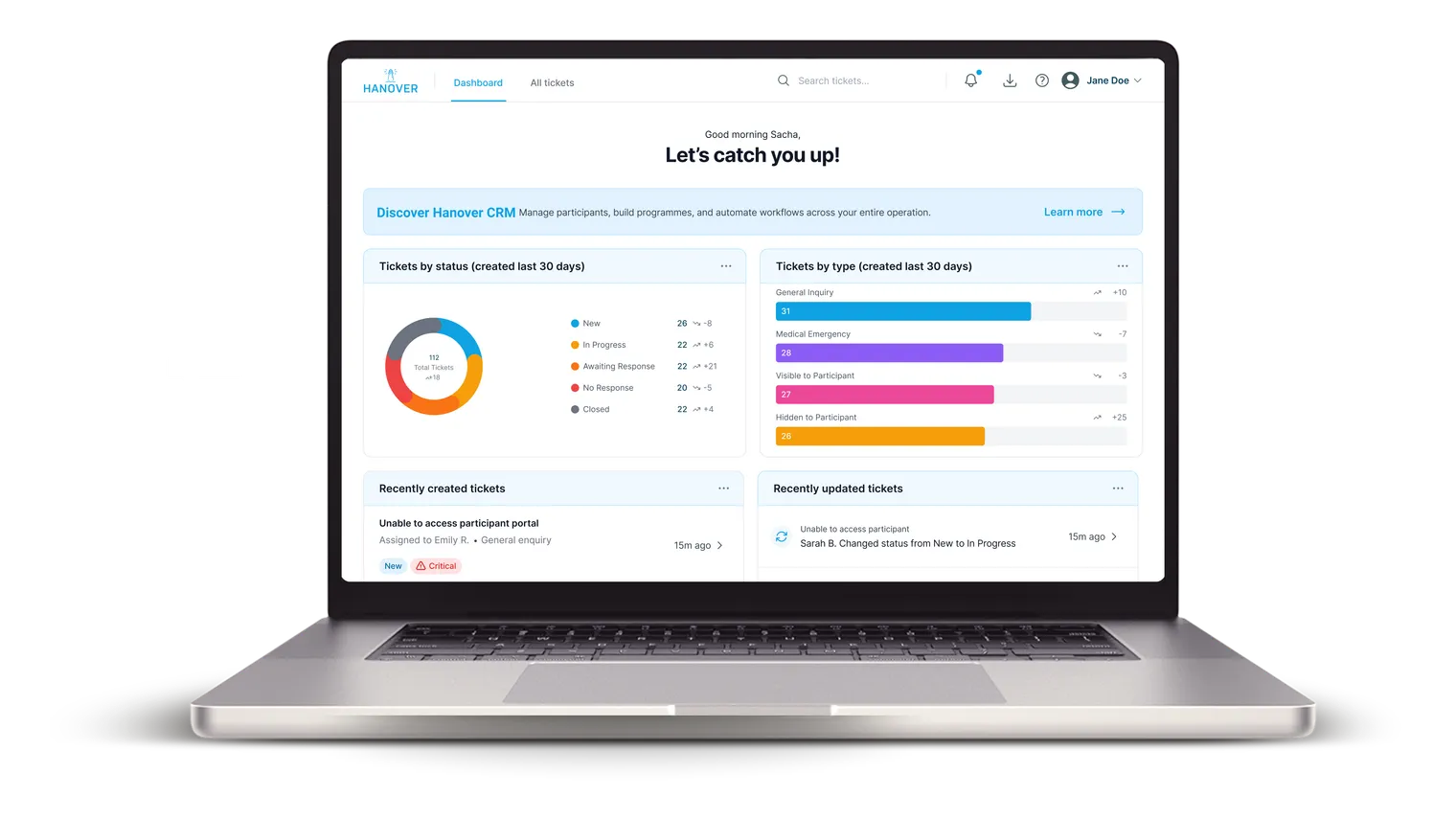 Lighthouse support-desk dashboard on a laptop, showing ticket queue, tickets-by-status chart, and recent activity